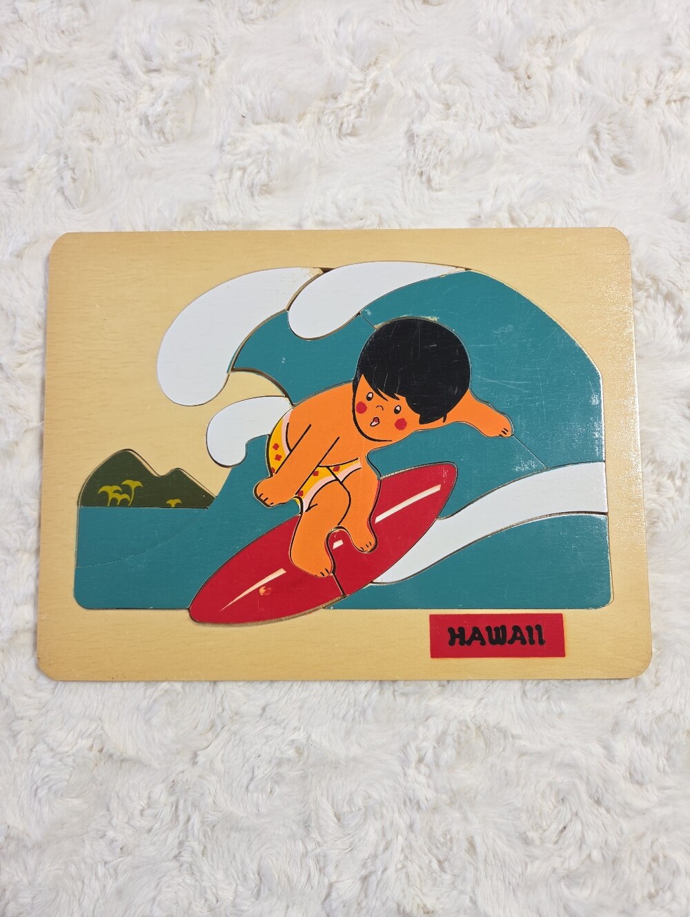 Vintage Anekoma Hawaiian Boy Surfing Wood Tray Puzzle